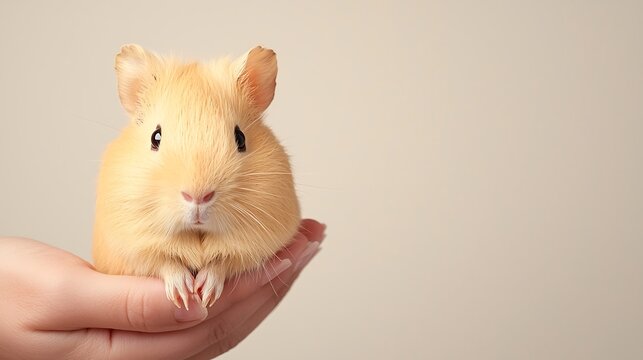 Adorable ginger guinea pig held gently in a human hand against a soft background