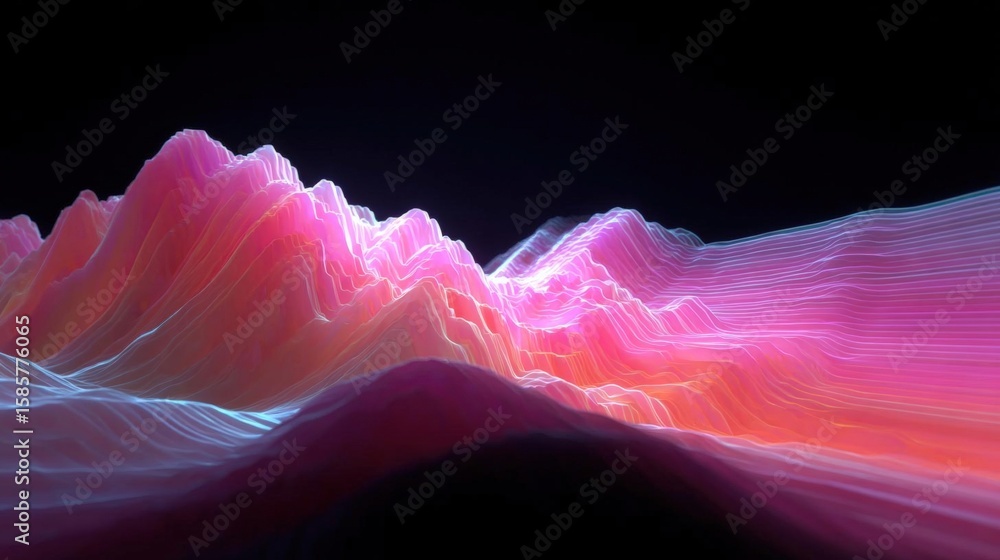 Poster abstract digital art piece that appears to be a 3d rendering of a mountain range. the background is 