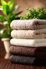 Soft, folded towels resting on rustic wood, soft greenery blurring behind, suggesting peaceful wellness sanctuary