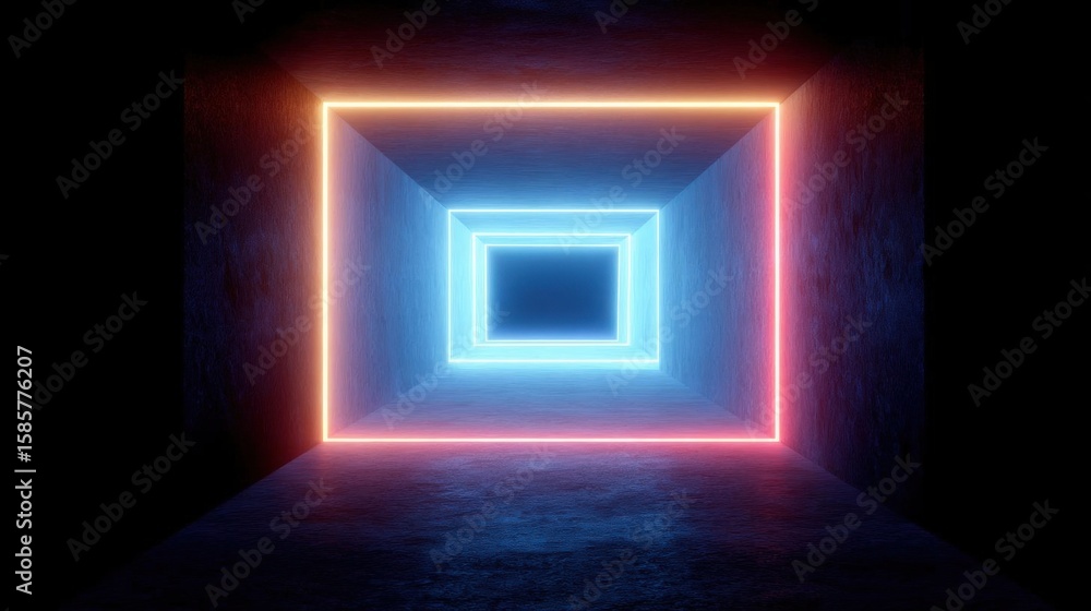 Aufkleber dark tunnel with a bright neon light in the center. the light is in the shape of a square, with a bl