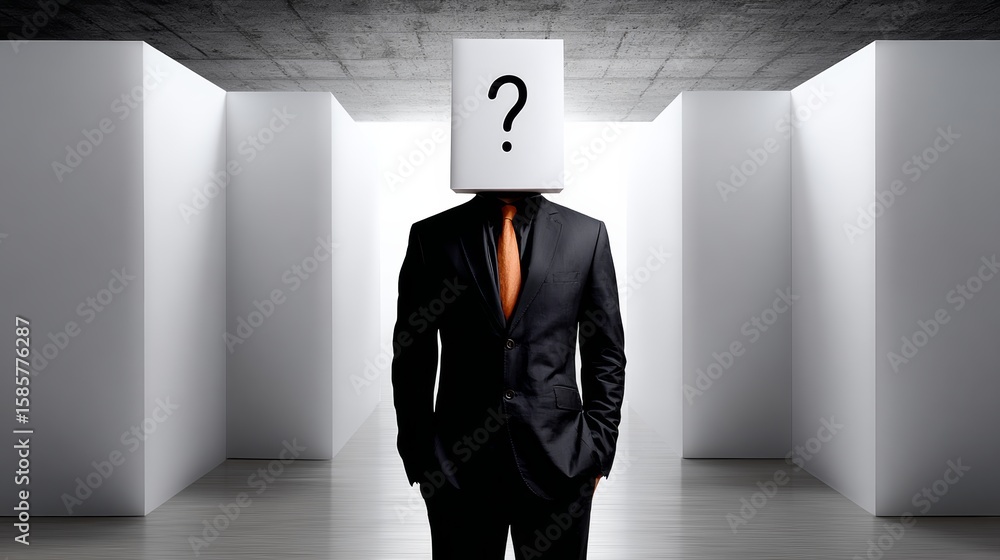 Poster man wearing a suit and tie stands in front of a wall with a white box on it. the box has a question 