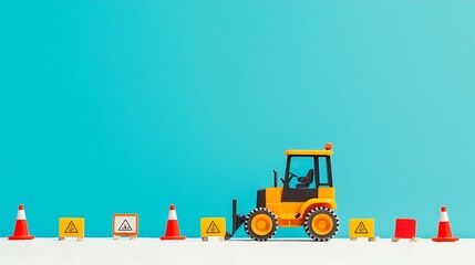 Bright yellow forklift and traffic cones on a clean cyan background