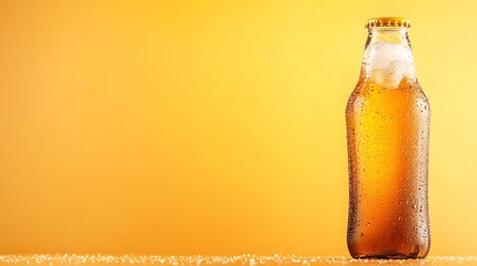 Cold refreshing beer bottle condensation against a warm yellow background
