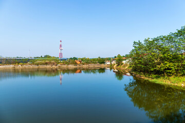 The scene of fish ponds under the blue sky in Huangxu Town, Deyang City, Sichuan Province, China