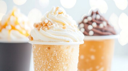 Three delicious frozen drinks with whipped cream and toppings in cups