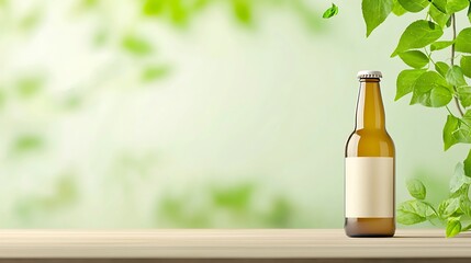 Amber beer bottle with blank label rests on wooden surface amidst lush green foliage