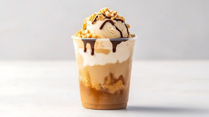 Deliciously creamy peanut butter coffee drink topped with ice cream and nuts