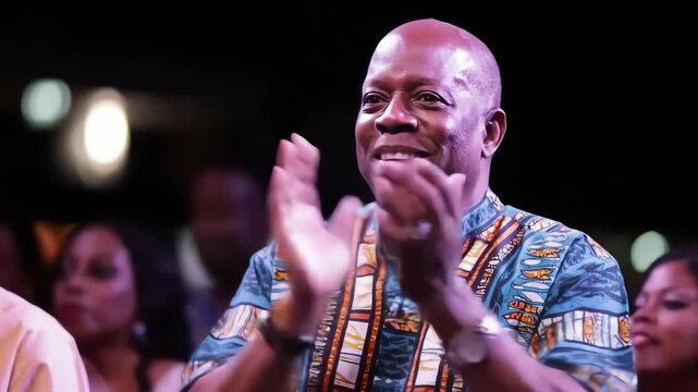 Joyful senior Black man in traditional attire clapping and enjoying a live performance