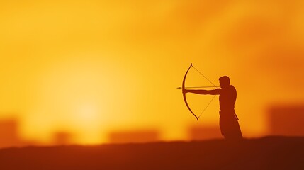 Silhouette of an archer aiming a bow against a vibrant sunset sky