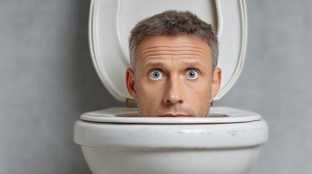 Man's head is in a toilet bowl. The man is looking up at the camera. The image is humorous and lighthearted