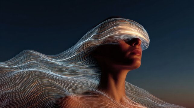 Digital art piece that appears to be a portrait of a woman's face and upper body. the woman is facing away from the viewer, with her head tilted slightly to the side.