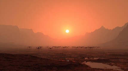 Alien desert sunset with creatures