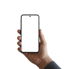 Hand Holding Smartphone with Blank Screen on White Background