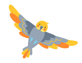 Parrot tropical cartoon illustration. Exotic bright nymph or cockatiel parrot childish trendy art for kids, sticker card, poster cover. Wildlife jungle Hawaiian cute bird funny vivid vector character