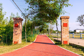 The red plastic path in the park during the day