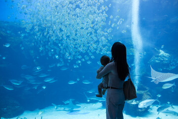 Mother and baby watch fish in aquarium tank