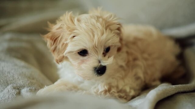 Cute fluffy puppy resting on soft blanket with a cozy atmosphere in a warm indoor setting