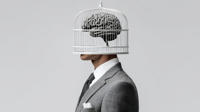 Man's head is inside a cage. The cage is white and the man is wearing a suit. Concept of confinement and restriction, as if the man's thoughts and ideas are being held captive - Powered by Adobe