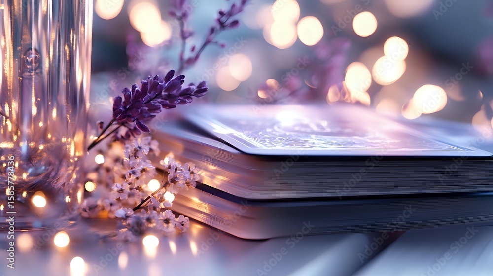 Poster purple lavender sprig resting on open book pages with soft glowing bokeh lights creating dreamy atmo