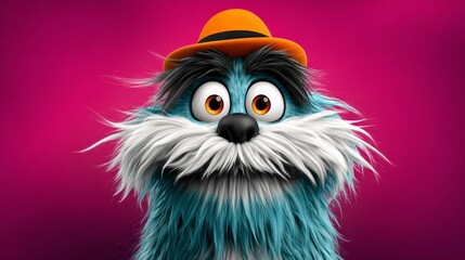 Fototapeta premium Cartoon character with a blue hat and a white beard is smiling. The image has a playful and lighthearted mood