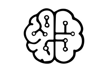 The image displays a stylized black and white icon representing a brain, with the left hemisphere featuring a more organic, neural network-like pattern