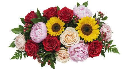 A vibrant arrangement of assorted fresh flowers including roses, peonies, and sunflowers, perfect for any occasion