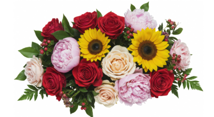 A vibrant arrangement of assorted fresh flowers including roses, peonies, and sunflowers, perfect for any occasion