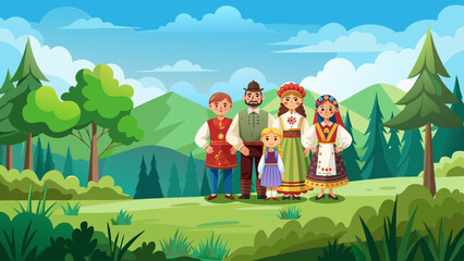 Fototapeta premium family ortodox, vector graphics, ethnic costumes, forest, mountains, nature, sky, panoramic view, clouds, Slavs, Ukrainians,