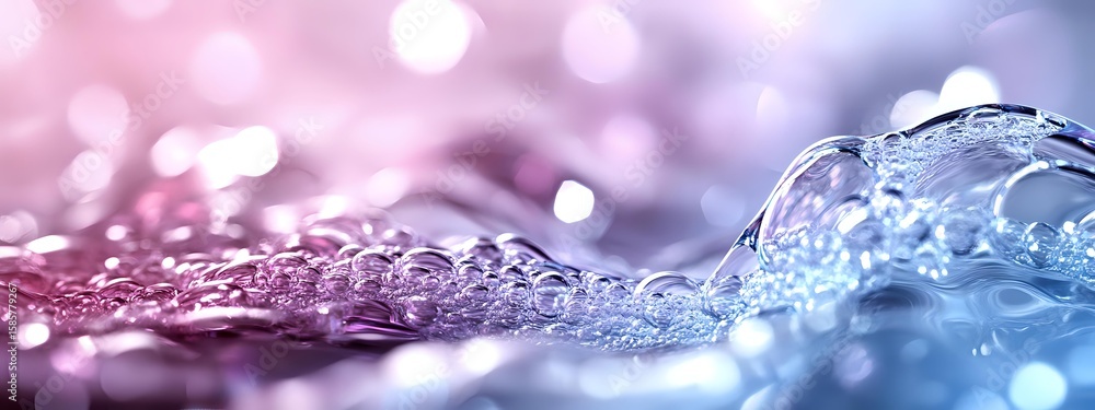 Poster macro photography of water drops with pink and blue bokeh background creating dreamy abstract textur