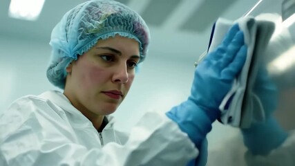 A female scientist in a protective hazmat suit meticulously cleans equipment in a sterile laboratory - Powered by Adobe