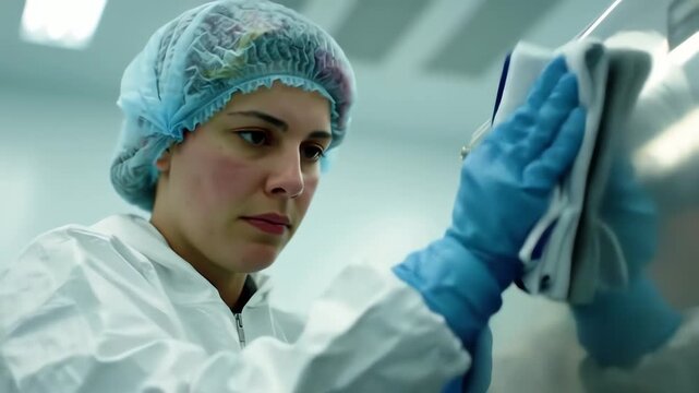 A female scientist in a protective hazmat suit meticulously cleans equipment in a sterile laboratory