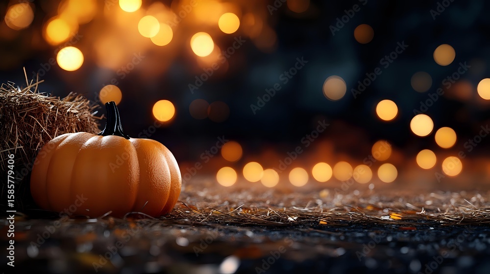 Poster orange pumpkin on rustic surface with golden bokeh lights and hay in background creating magical aut