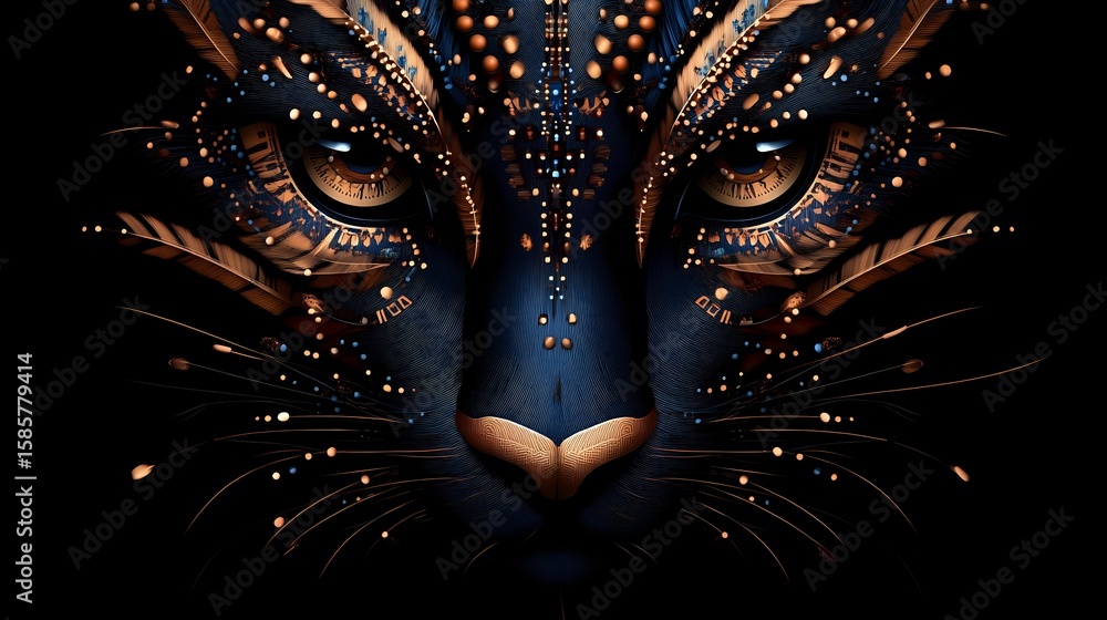 Poster Mystical feline face with glowing copper and bronze details against dark background, featuring intricate patterns and luminous dots creating magical night effect.