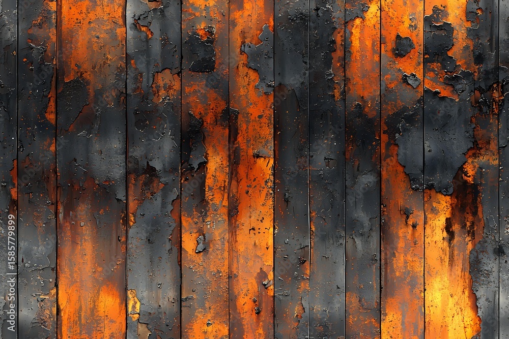 Poster weathered wooden planks with dramatic orange and black distressed texture, creating abstract pattern
