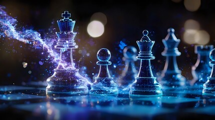 Chess pieces on dark background with magical glowing blue light effects and sparkles, strategic game concept with mystical atmosphere and bokeh highlights.