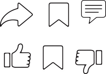 Set of Outline Social Media Engagement Icons: Share, Save, Comment, Like, Dislike