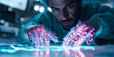 African American scientist examining glowing pink genetic material in modern laboratory setting with dramatic lighting and futuristic technology interface.