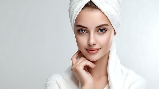 Young woman with natural makeup wearing white bathrobe and hair wrapped in towel touching face gently against light background, expressing wellness and skincare concept. - Powered by Adobe