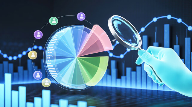 A digital data analytics visualization with a dark blue background featuring multiple overlapping charts and graphs. - Powered by Adobe