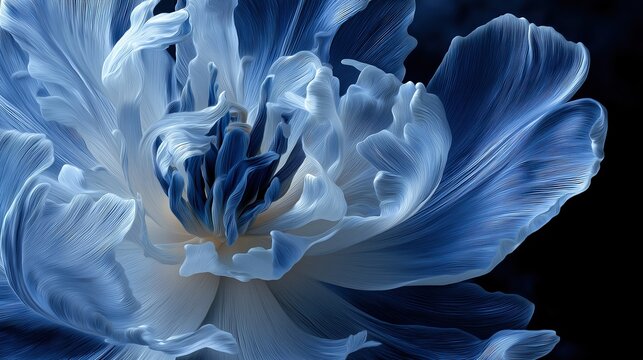 Elegant blue tulip with flowing indigo and white petals against deep black background highlighting intricate details and delicate beauty in a dreamy contrast