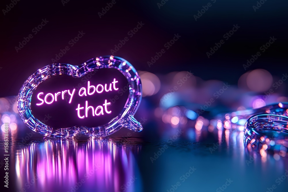 Poster glowing neon speech bubble with sorry about that text in pink against dark background with bokeh lig
