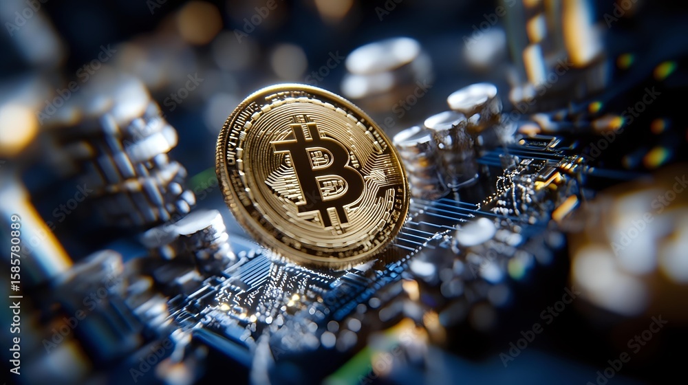 Poster golden cryptocurrency coin on computer circuit board with bokeh light effects, representing digital 