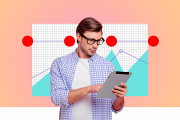 Collage Featuring Excited Business person With Business Chart Pie Graph Analyzing Data Statistics...