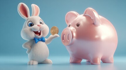 Cartoon rabbit holding coin next to piggy bank (1)