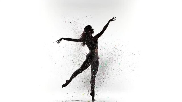Silhouette of a dancer gracefully leaping amidst colorful splashes of paint on a white background