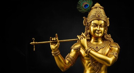 Ornate Golden Statue of Lord Krishna Playing the Flute in Traditional Pose Indian Religious Sculpture: Gold Krishna Figurine in Musical Stance Krishna is depicted playing his iconic flute, a symbol 