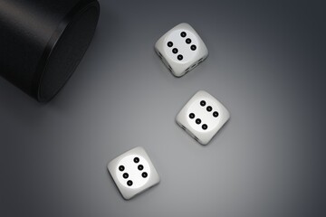 Three dice with a cup and the numbers 666. 3D illustration