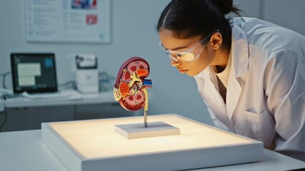 A female scientist or nephrologist in a lab coat and safety goggles, closely examining a cross-section model of a human kidney on a light box.
- Powered by Adobe