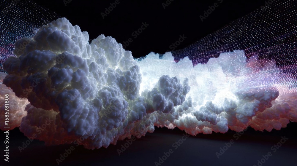 Poster abstract digital art piece that appears to be a cloud-like structure. the cloud is made up of multip