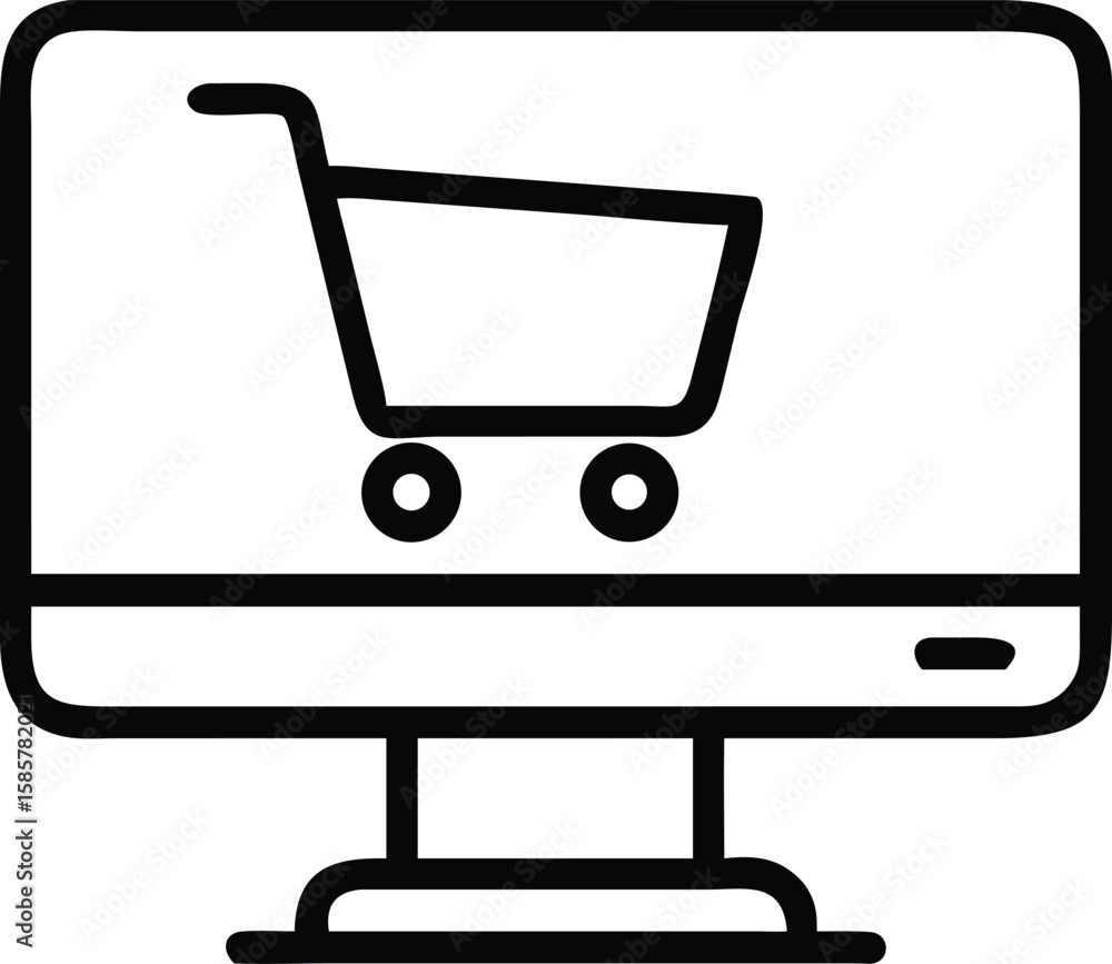 Poster online shopping cart on computer screen in a simple black line icon